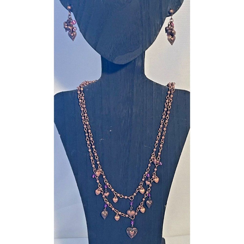 Necklace and earrings Coppertone Heart / Pink bead